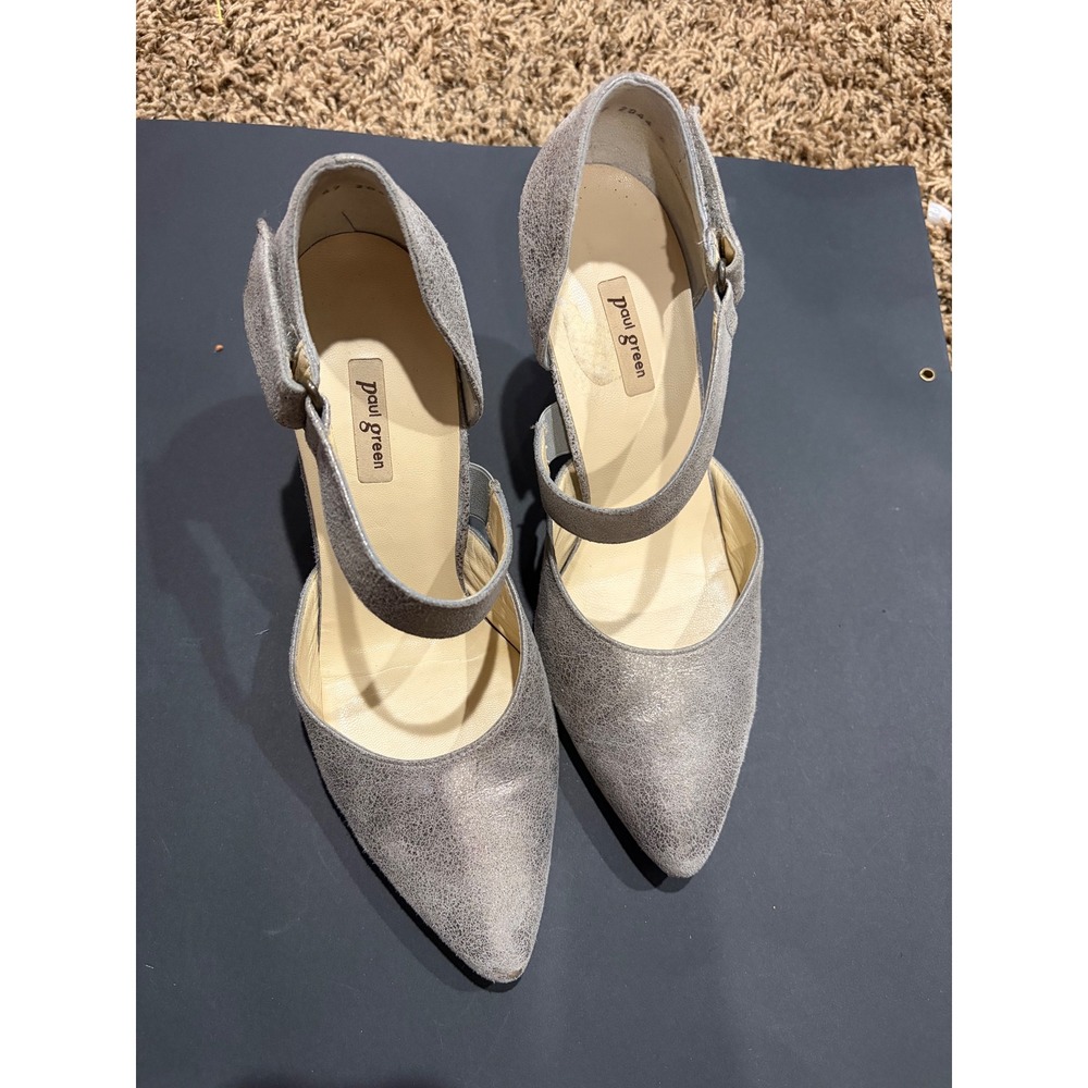 Paul Green Metallic Distressed Leather Pointed Toe Ankle Strap Pumps Silver 7.5โ